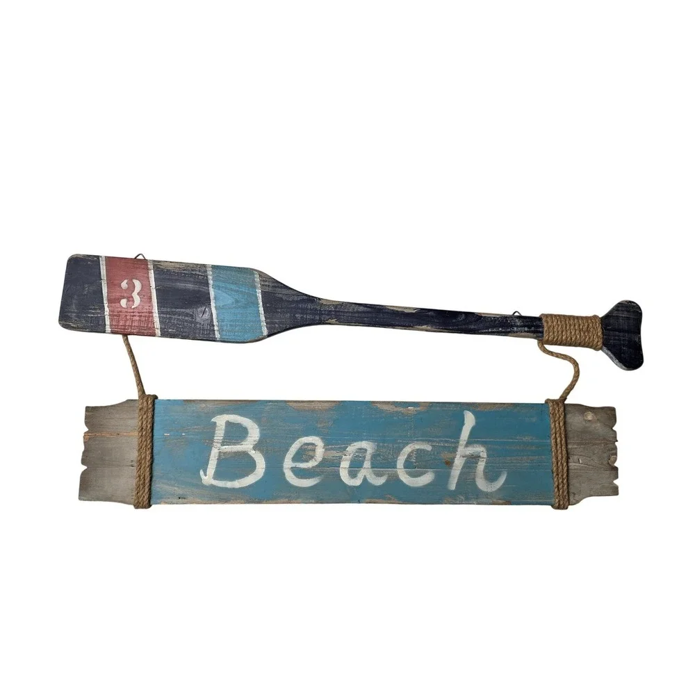 Rustic Wooden Beach Sign with Oar Nautical Wall Decor‎ Distressed Coastal Art